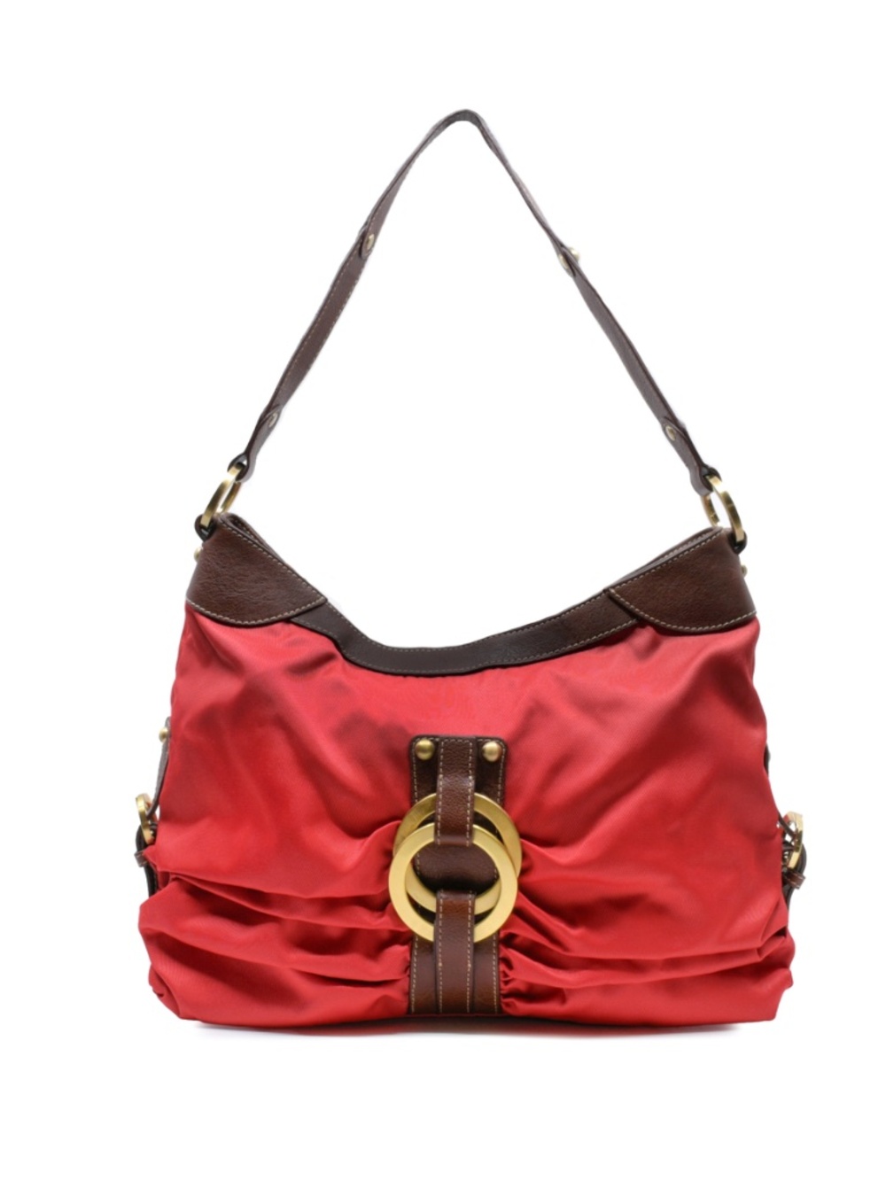 LLOYD Germany Red Nylon Hobo Bag Brown Leather Trim Gold Buckle Accent